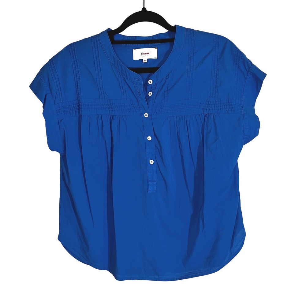 Xirena Blue‎ Cotton Short Sleeve Pleated Tunic Relaxed Top Women's XS Lagenlook